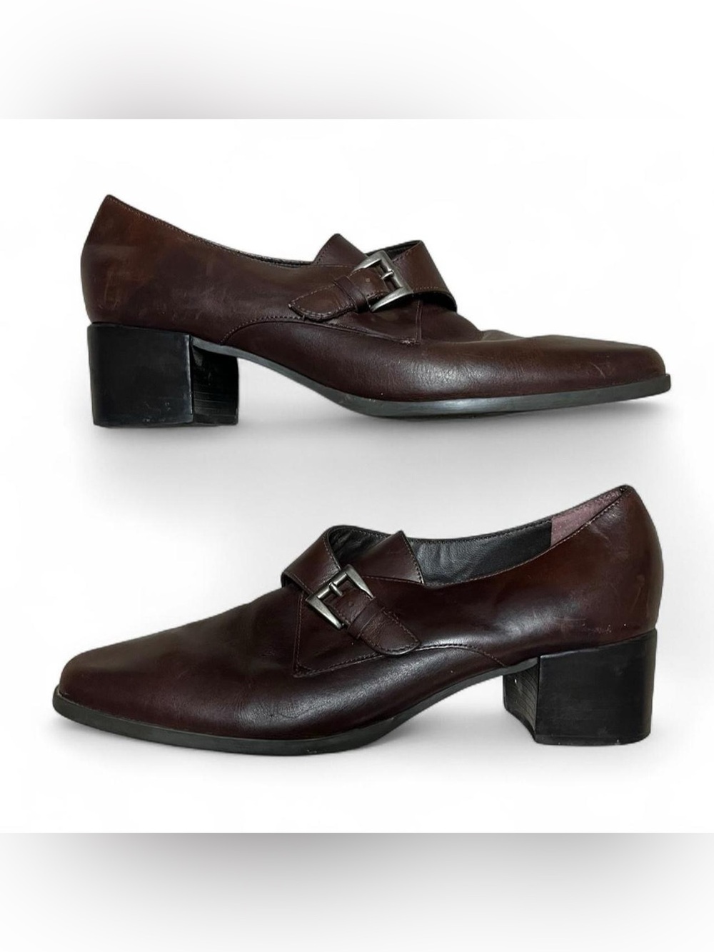 Bandolino 90s Brown Leather Block Monkstrap Heeled Loafers